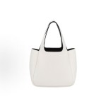 PRADA, a white women\'s handbag with a metal engraved logo and magnetic clasp, featuring a shoulder strap and a vegetable basket